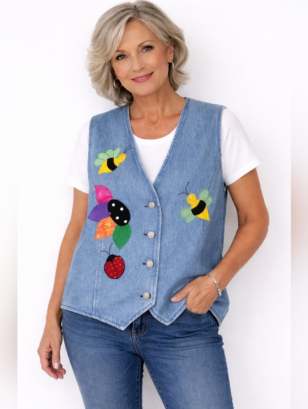 Women's Apache Denim Vest L with Multicolor Appliques